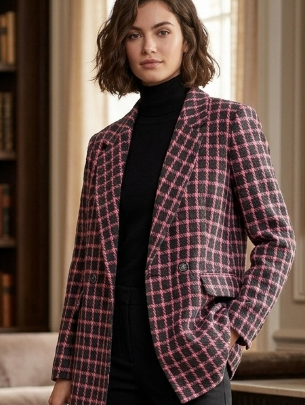 Rachel Zoe Pink and Black Checkered Blazer